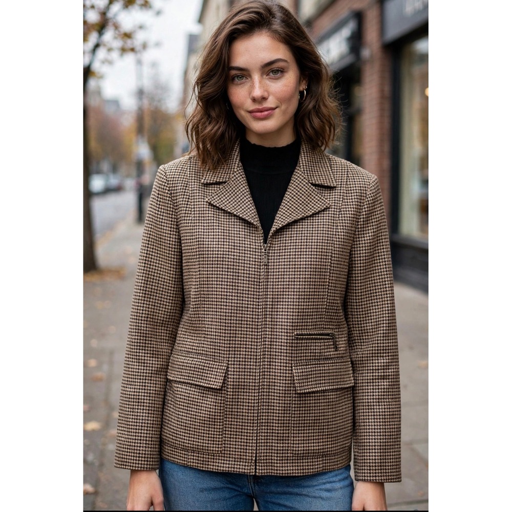 Embassy Row Pure Wool Houndstooth Zip Front Jacket Brown Tan Burgundy Size 6